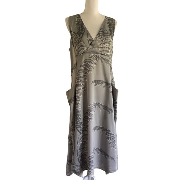 Whistles Dress Gray Palm Leaf Print Empire Lagenlook Pockets Size 8 - Picture 12 of 12